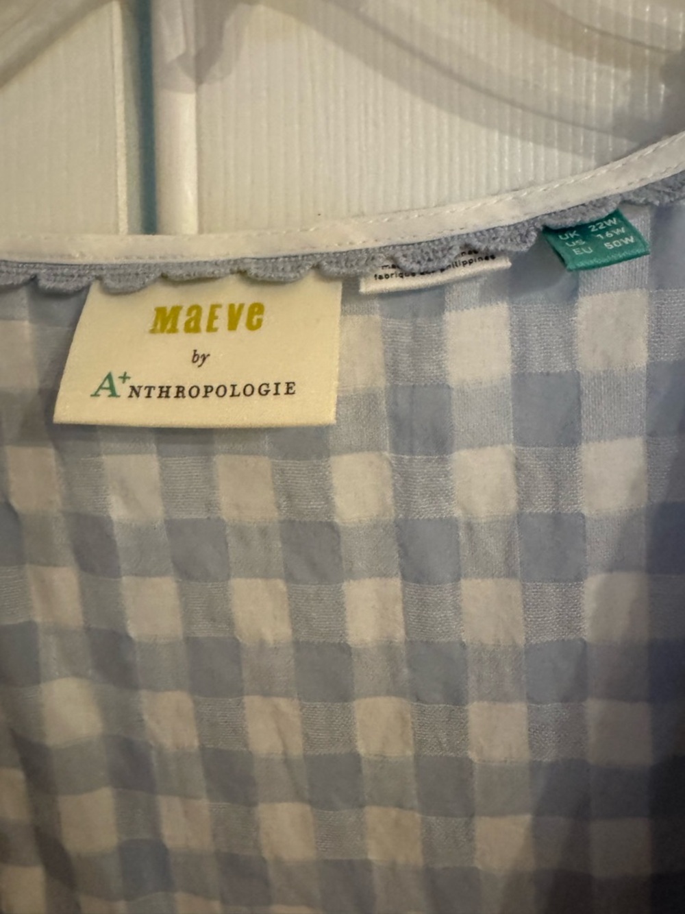 Anthropologie Light Blue and White Gingham Button-Front Tie-Waist Blouse - Picture 5 of 9